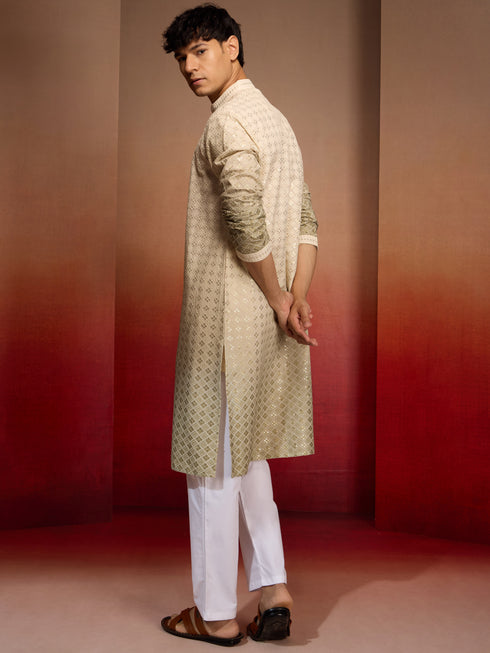 Men's Green Cotton Sequin Ombre Kurta with White Trousers