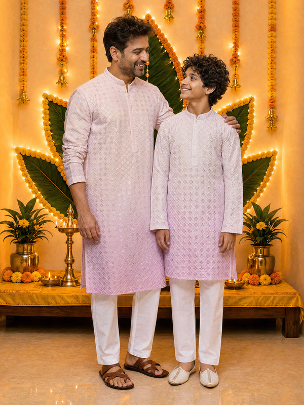 Men's Onion Cotton Sequin Ombre Kurta with White Trousers