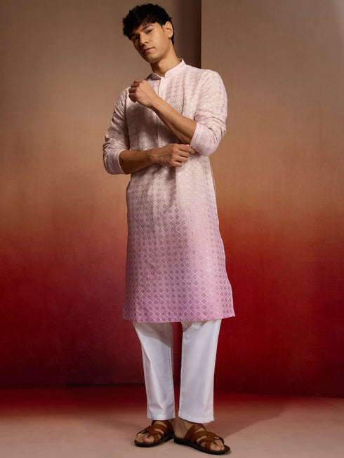 Men's Onion Cotton Sequin Ombre Kurta with White Trousers