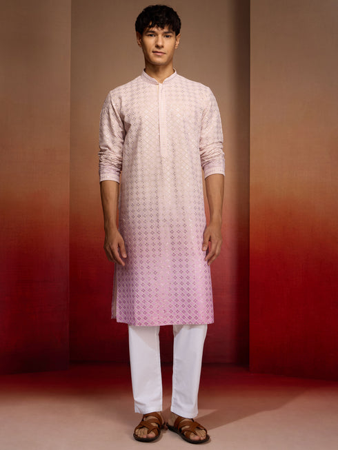Men's Onion Cotton Sequin Ombre Kurta with White Trousers