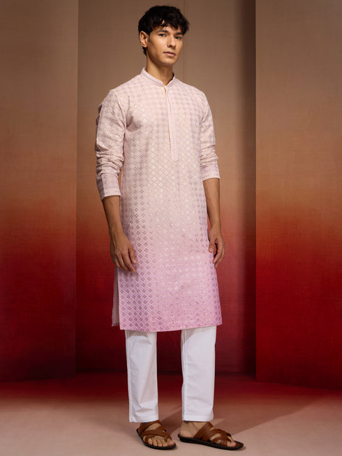Men's Onion Cotton Sequin Ombre Kurta with White Trousers