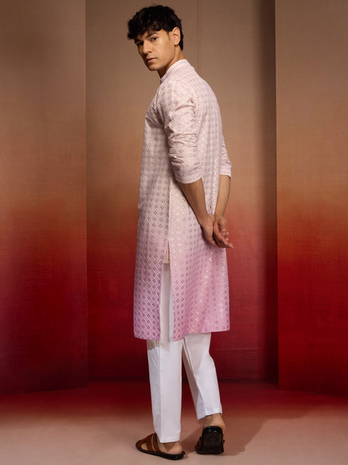 Men's Onion Cotton Sequin Ombre Kurta with White Trousers