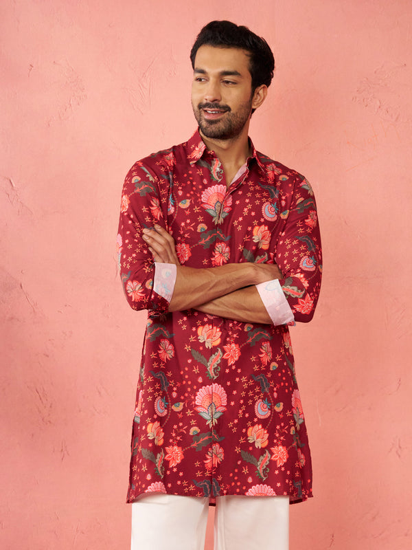 Men's Maroon Rayon Kurta