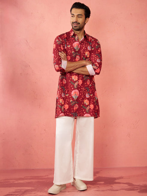 Men's Maroon Rayon Kurta with Cream Flare Pant