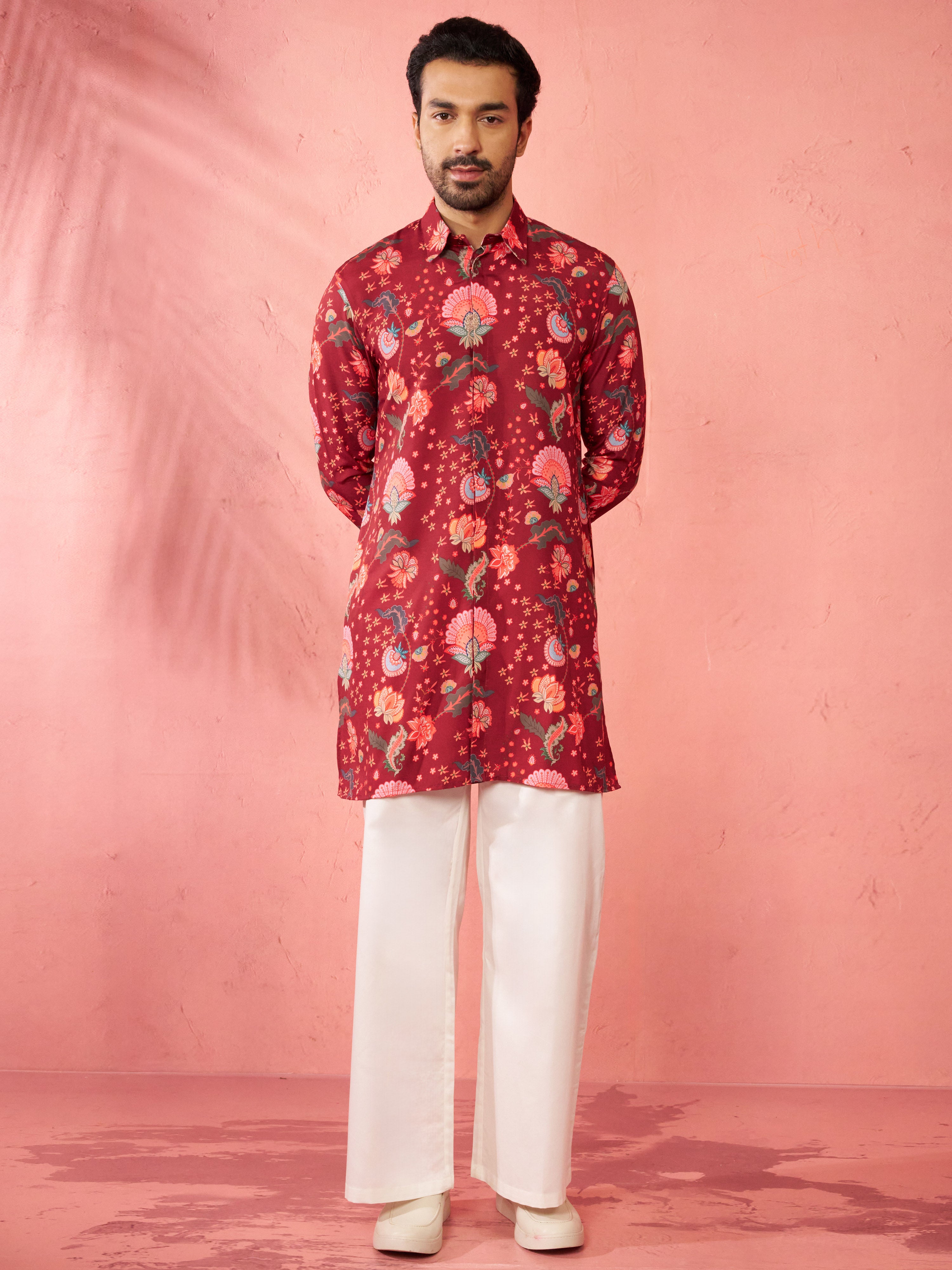 Men's Maroon Rayon Kurta with Cream Flare Pant