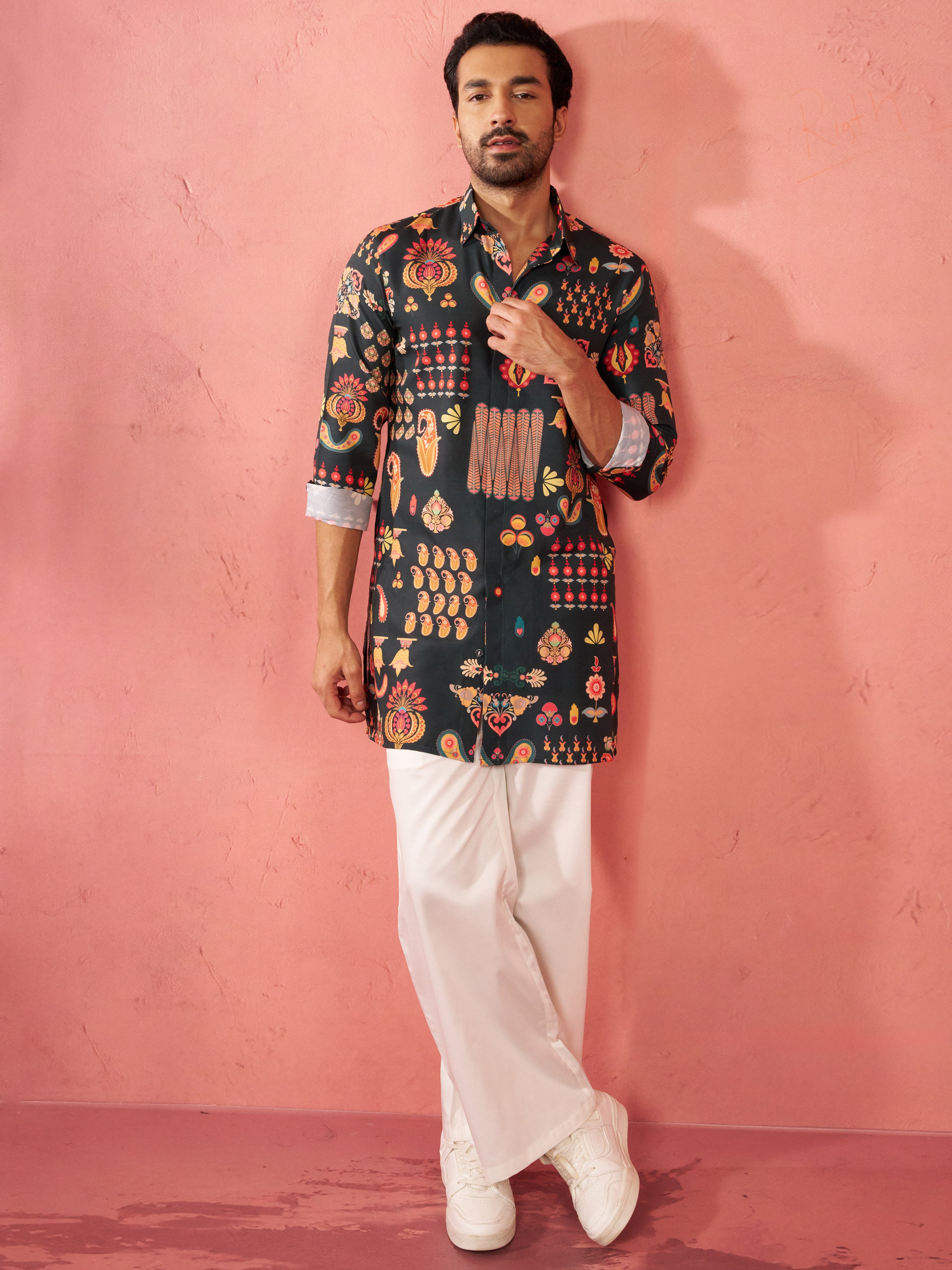 Men's Bottle Green Digital Print Kurta with Cream Palazzo Set