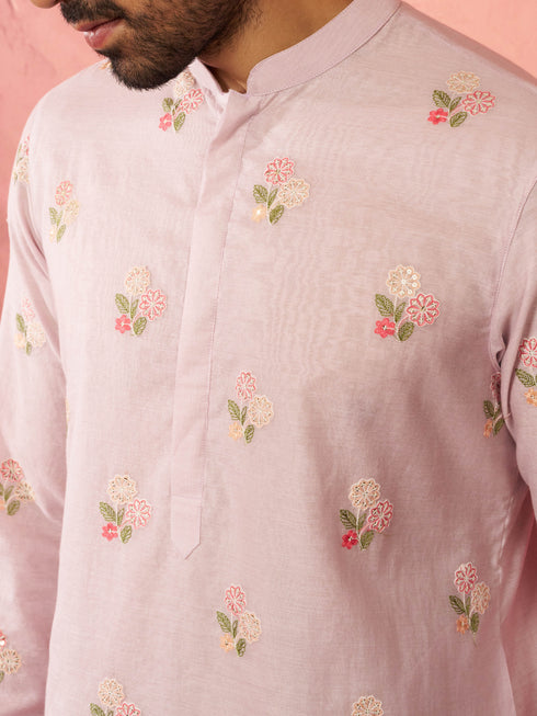 Men's Lavender Cotton Kurta with Cream Pyjama