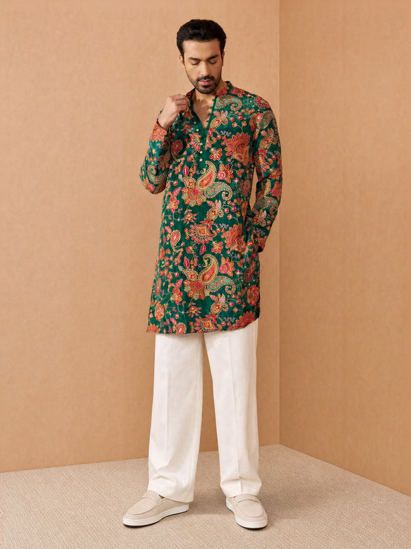 Men Green Crepe Kurta with Wide leg Pant Festive Ethnic Wear