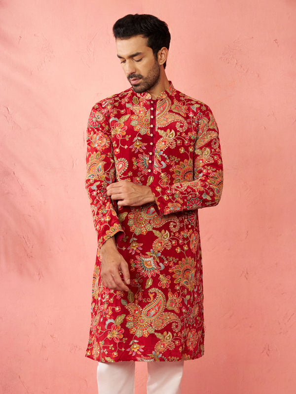 Men’s Maroon Crepe Zari Embroidered Mandarin Collar Kurta with Digital Floral Print