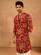 Men’s Maroon Crepe Zari Embroidered Mandarin Collar Kurta with Digital Floral Print