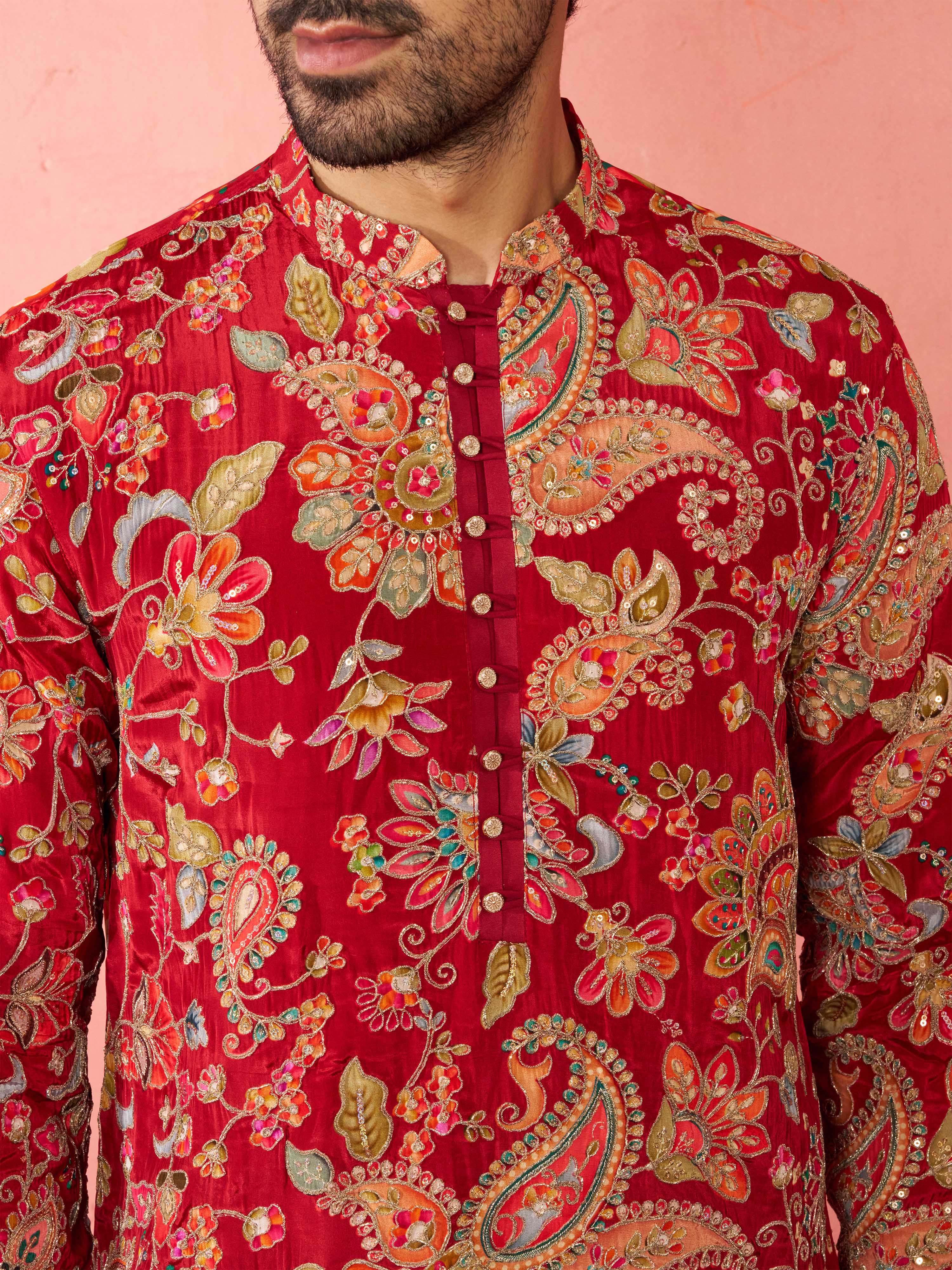 Men’s Maroon Crepe Zari Embroidered Mandarin Collar Kurta with Digital Floral Print
