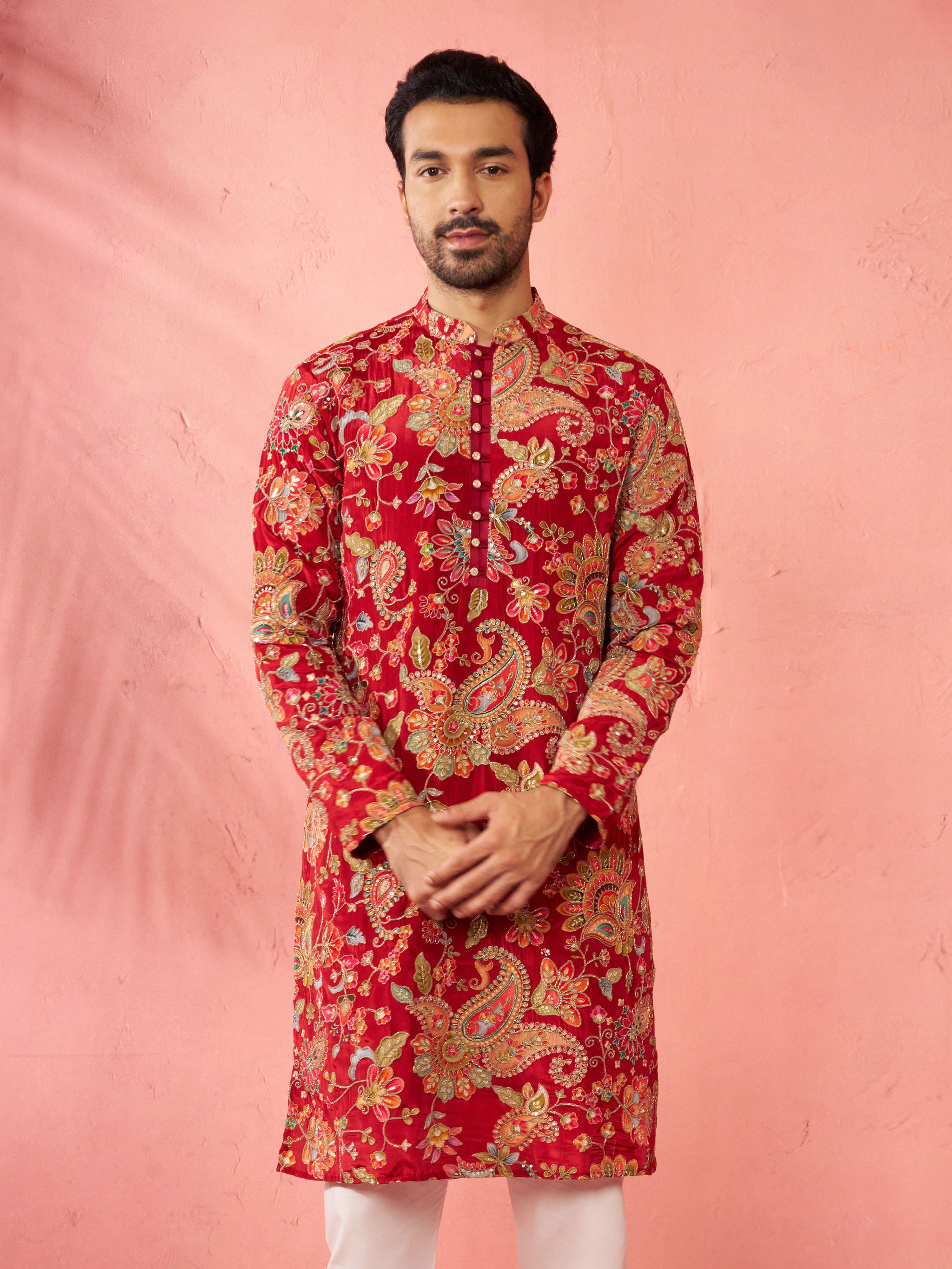 Men’s Maroon Crepe Zari Embroidered Mandarin Collar Kurta with Digital Floral Print