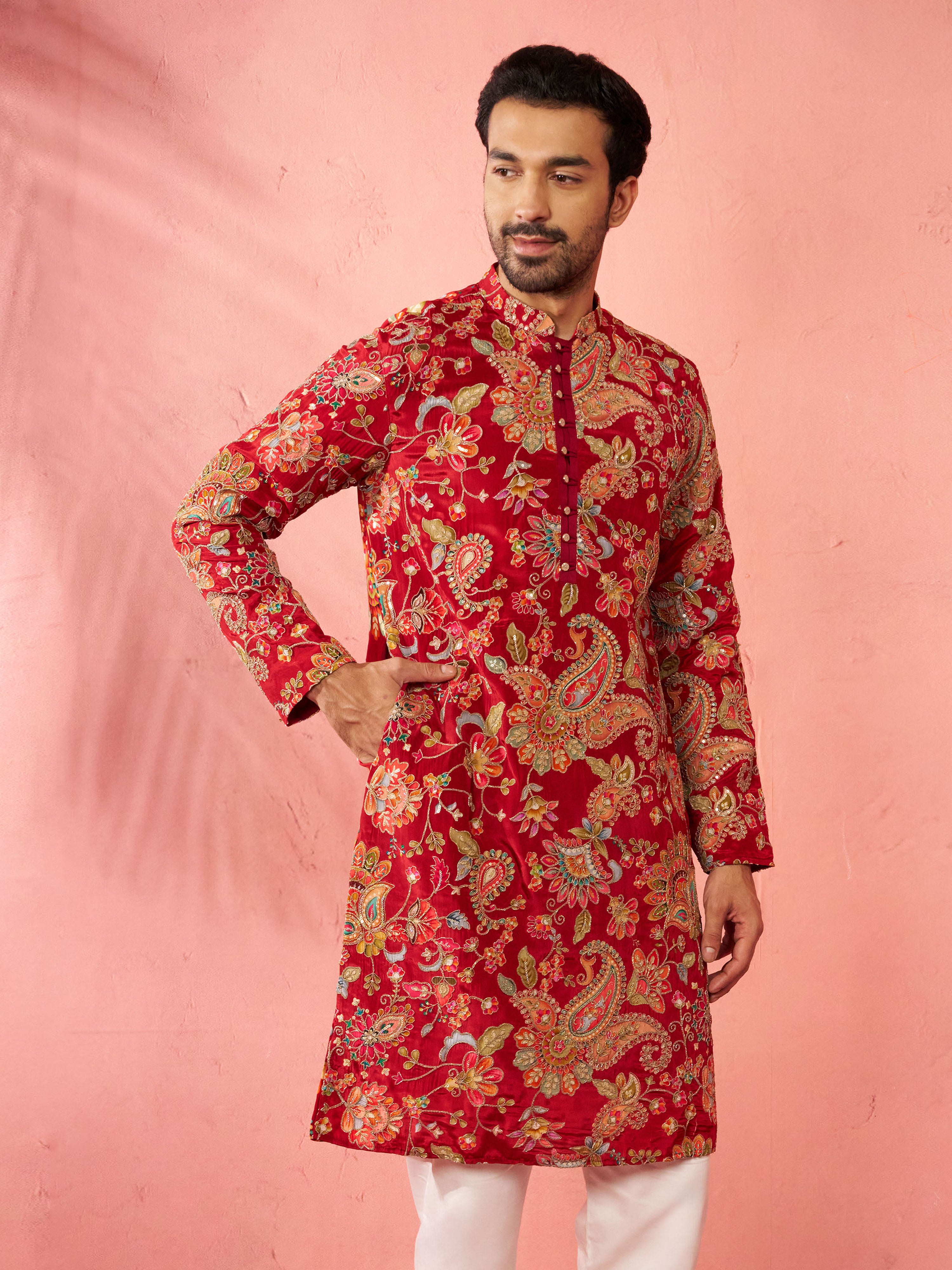 Men’s Maroon Crepe Zari Embroidered Mandarin Collar Kurta with Digital Floral Print