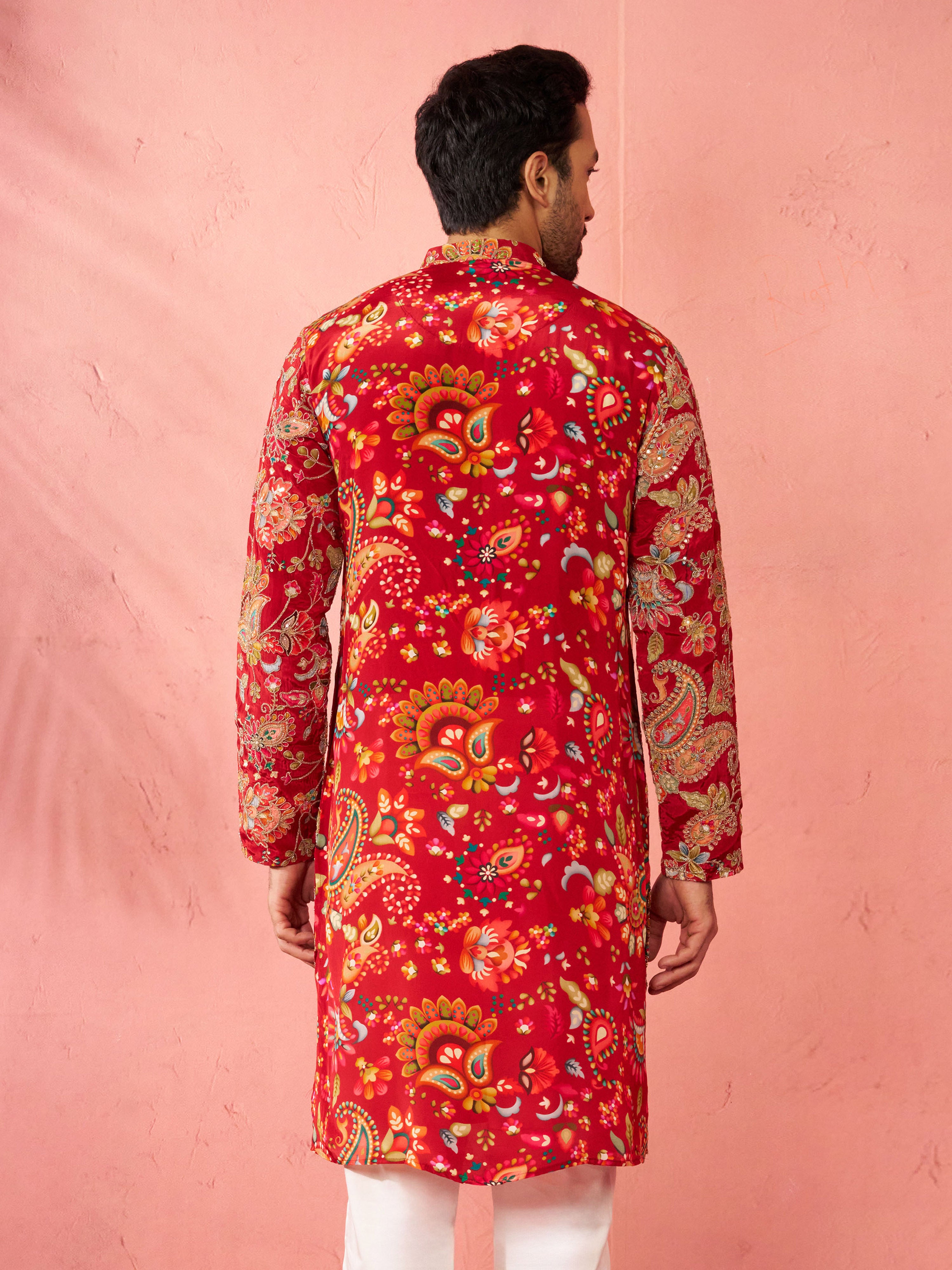 Men’s Maroon Crepe Zari Embroidered Mandarin Collar Kurta with Digital Floral Print