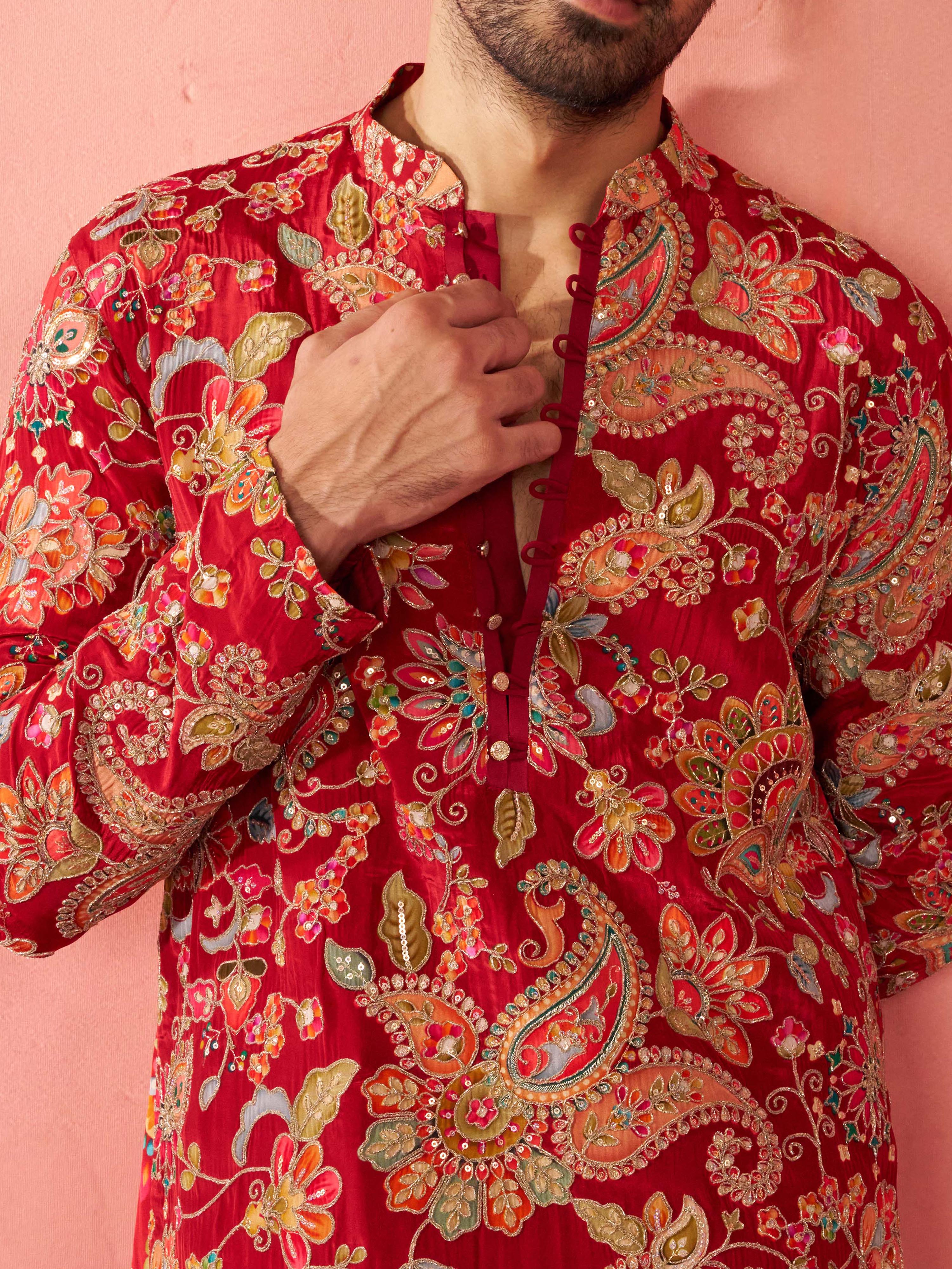 Men’s Maroon Crepe Zari Embroidered Mandarin Collar Kurta with Digital Floral Print