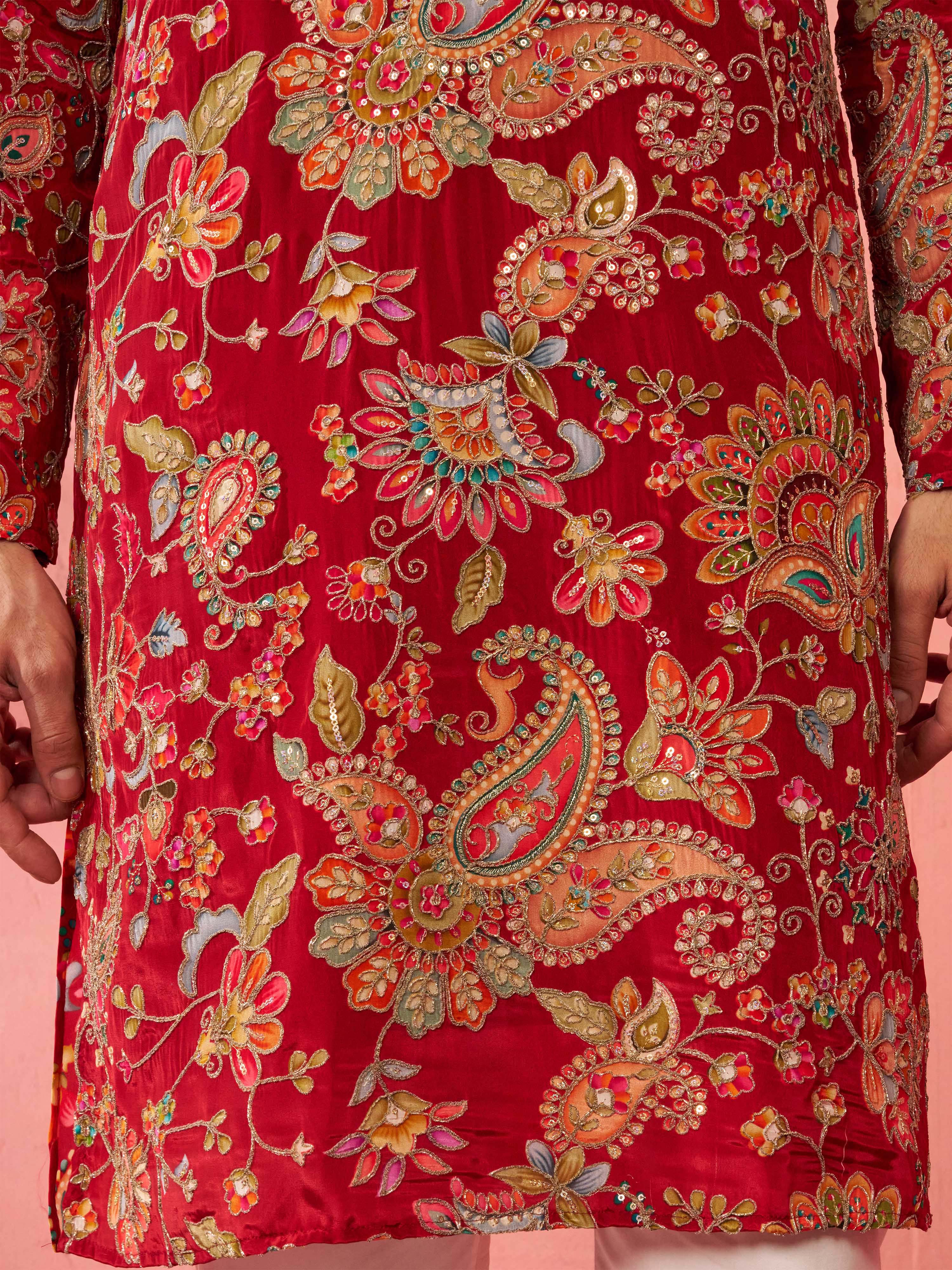 Men’s Maroon Crepe Zari Embroidered Mandarin Collar Kurta with Digital Floral Print