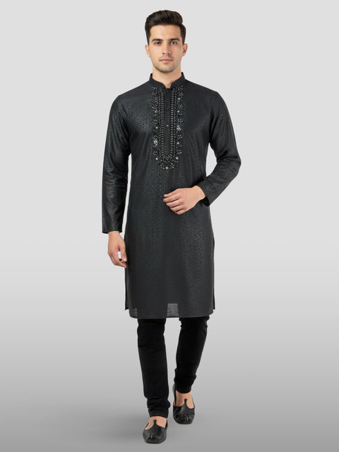 Men's Black Embroidered Kurta with Black Pyjama