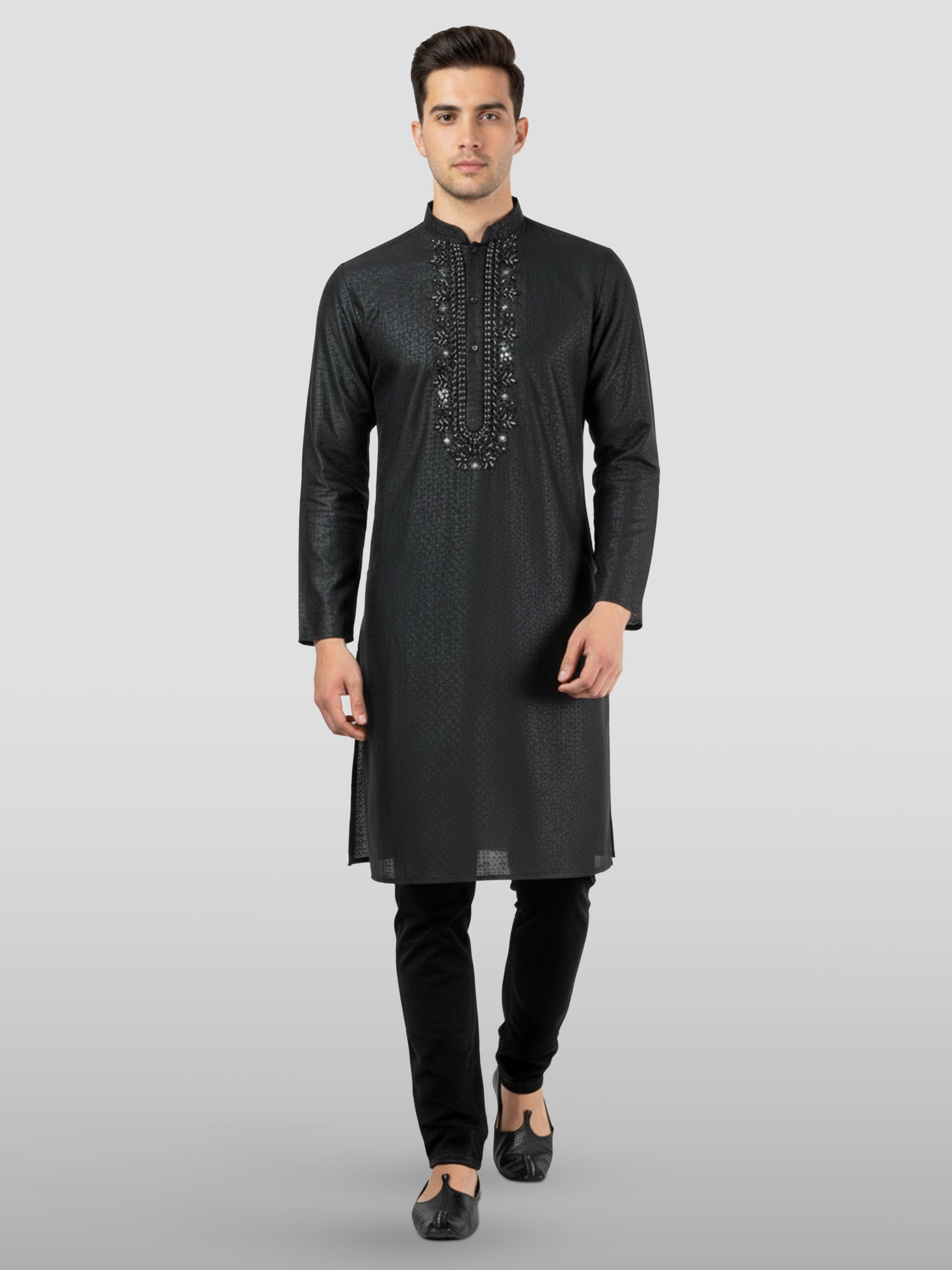 Men's Black Embroidered Kurta with Black Pyjama