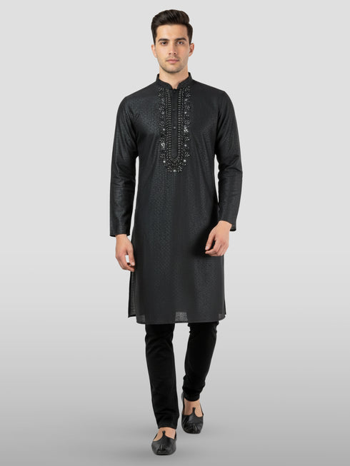 Men's Black Embroidered Kurta with Black Pyjama