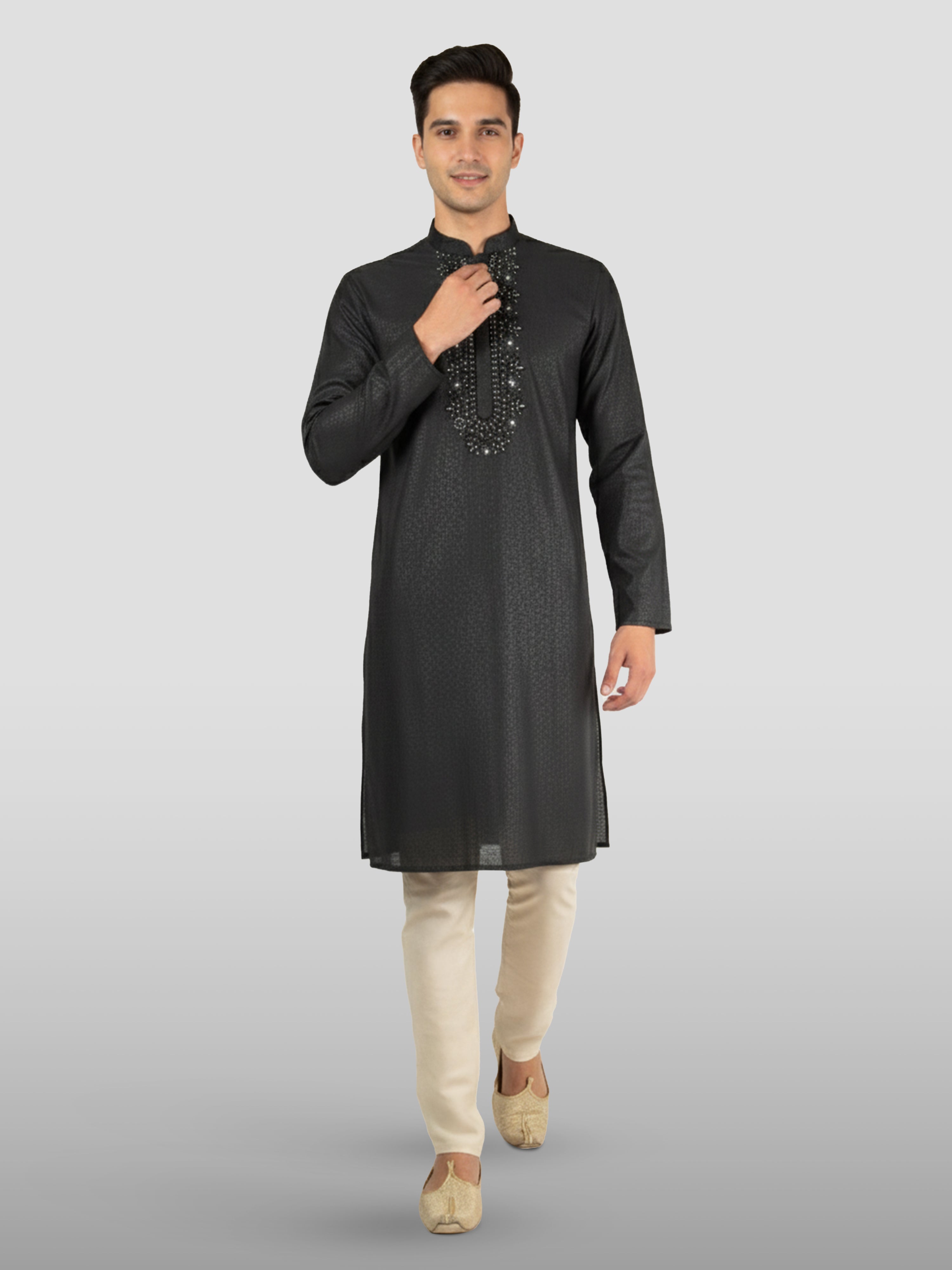 Men's Black Embroidered Kurta with Cream Pyjama