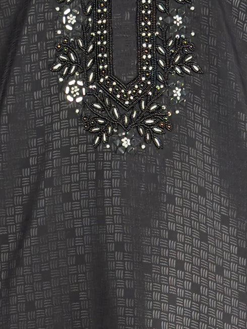 Men's Black Embroidered Kurta with Cream Pyjama