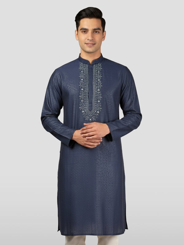 Men's Navy Blue Zudio Emboss Silk Kurta