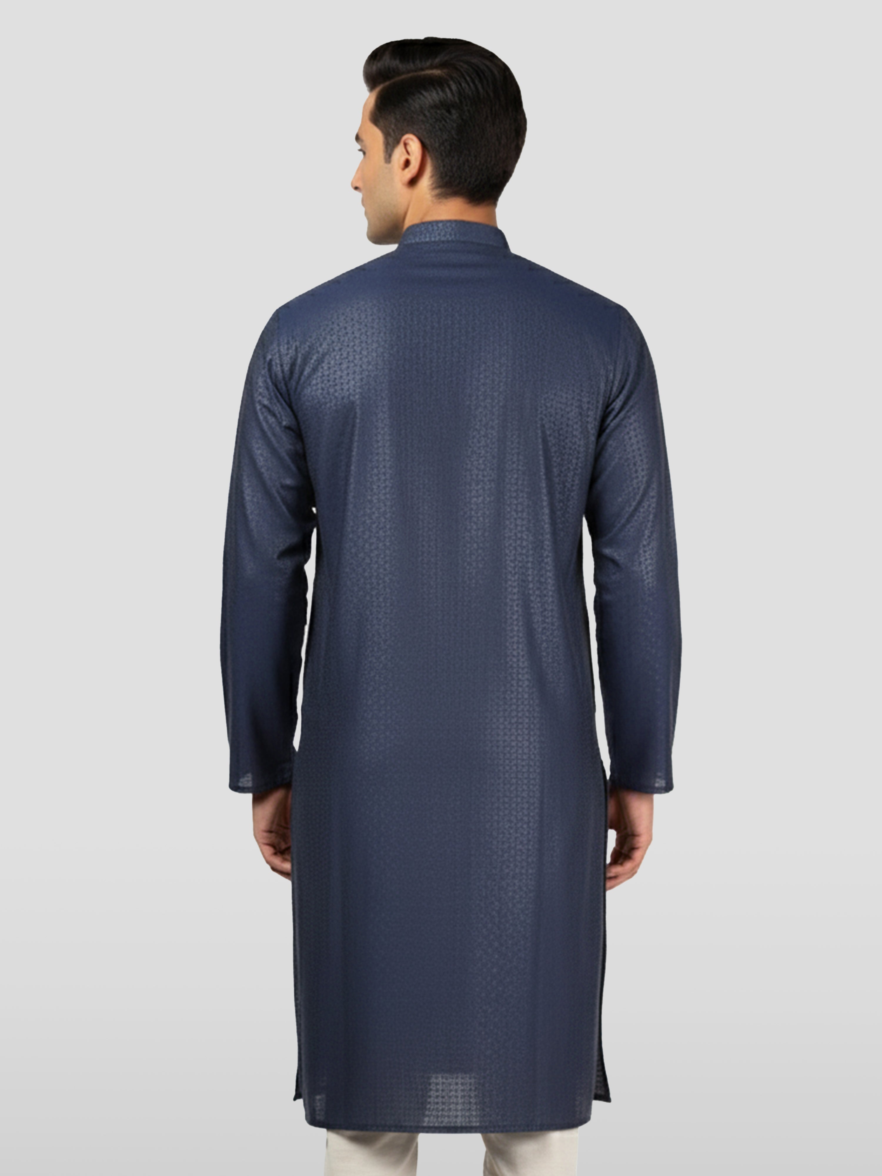 Men's Navy Blue Zudio Emboss Silk Kurta