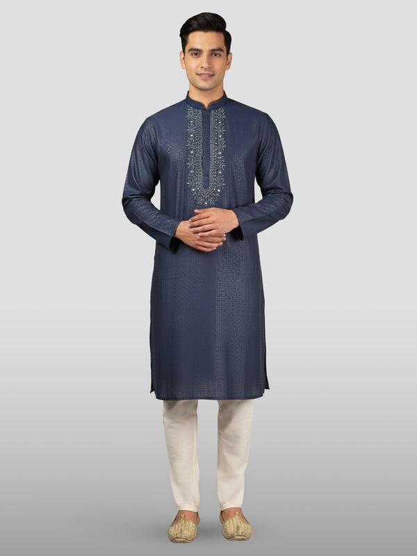 Men's Navy Blue Embroidered Kurta with Cream Pyjama