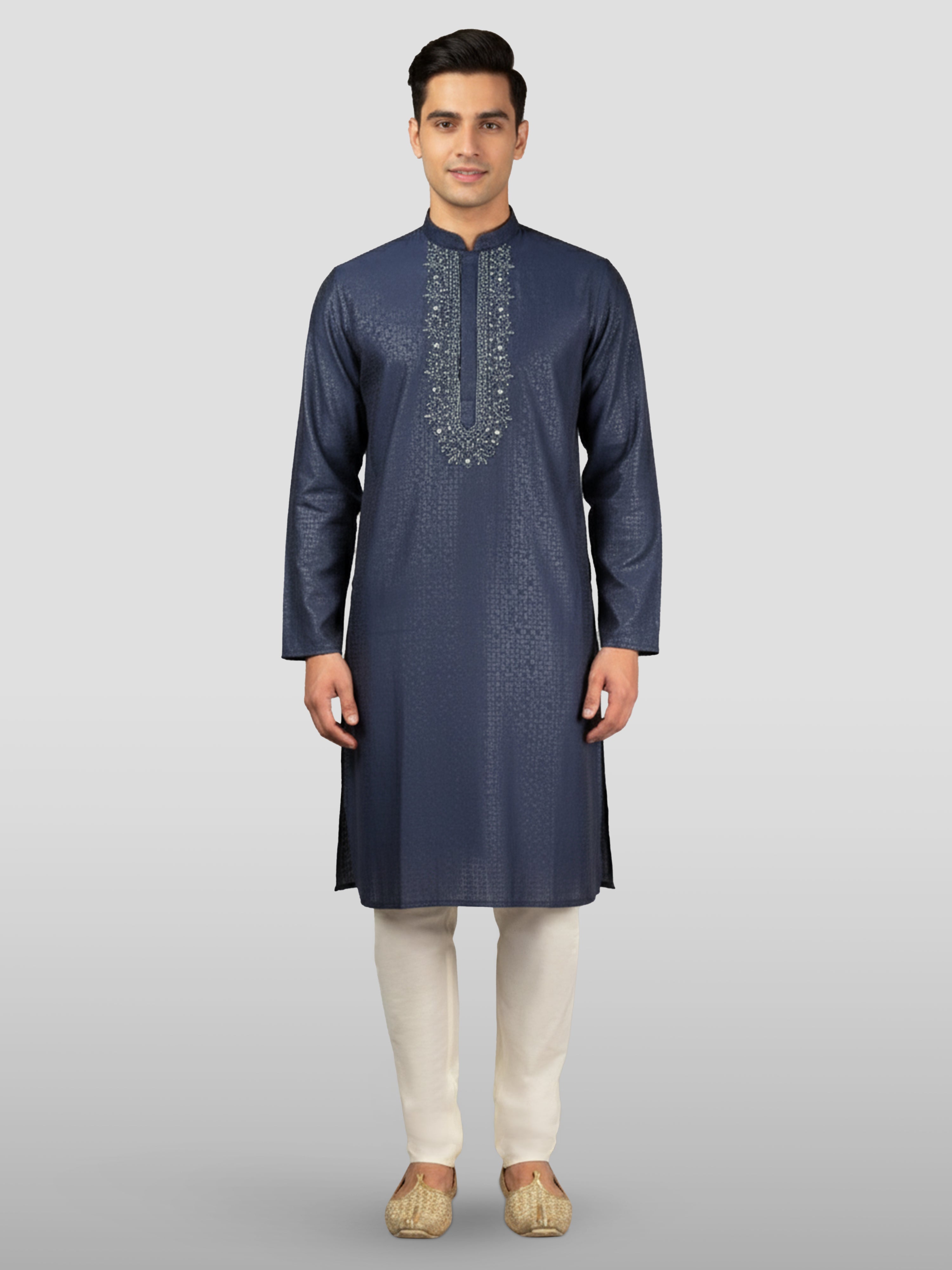 Men's Navy Blue Embroidered Kurta with Cream Pyjama