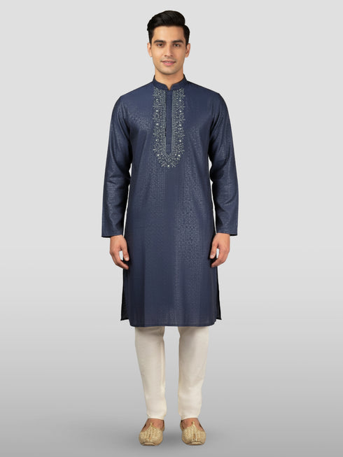 Men's Navy Blue Embroidered Kurta with Cream Pyjama