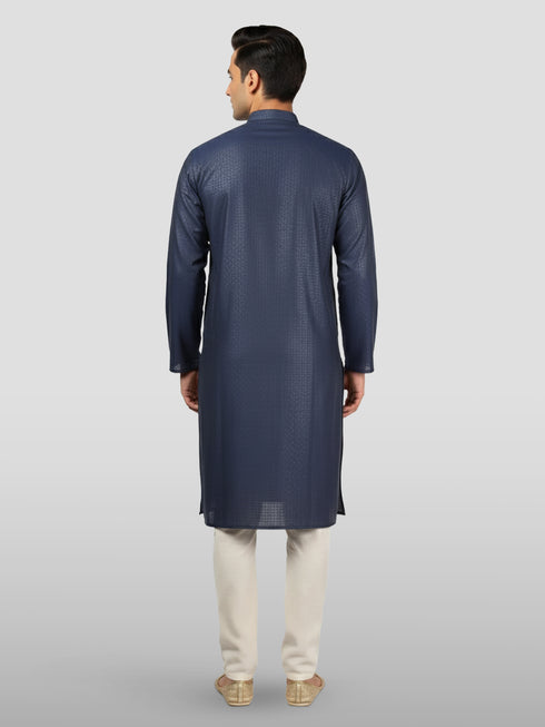 Men's Navy Blue Embroidered Kurta with Cream Pyjama