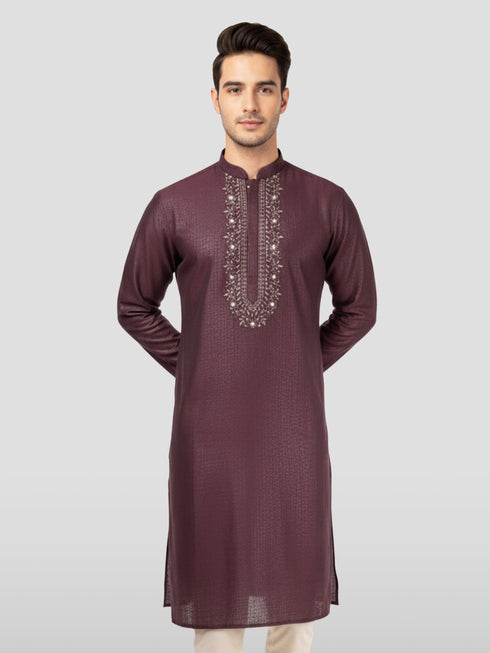 Men's Wine Zudio Emboss Silk Kurta