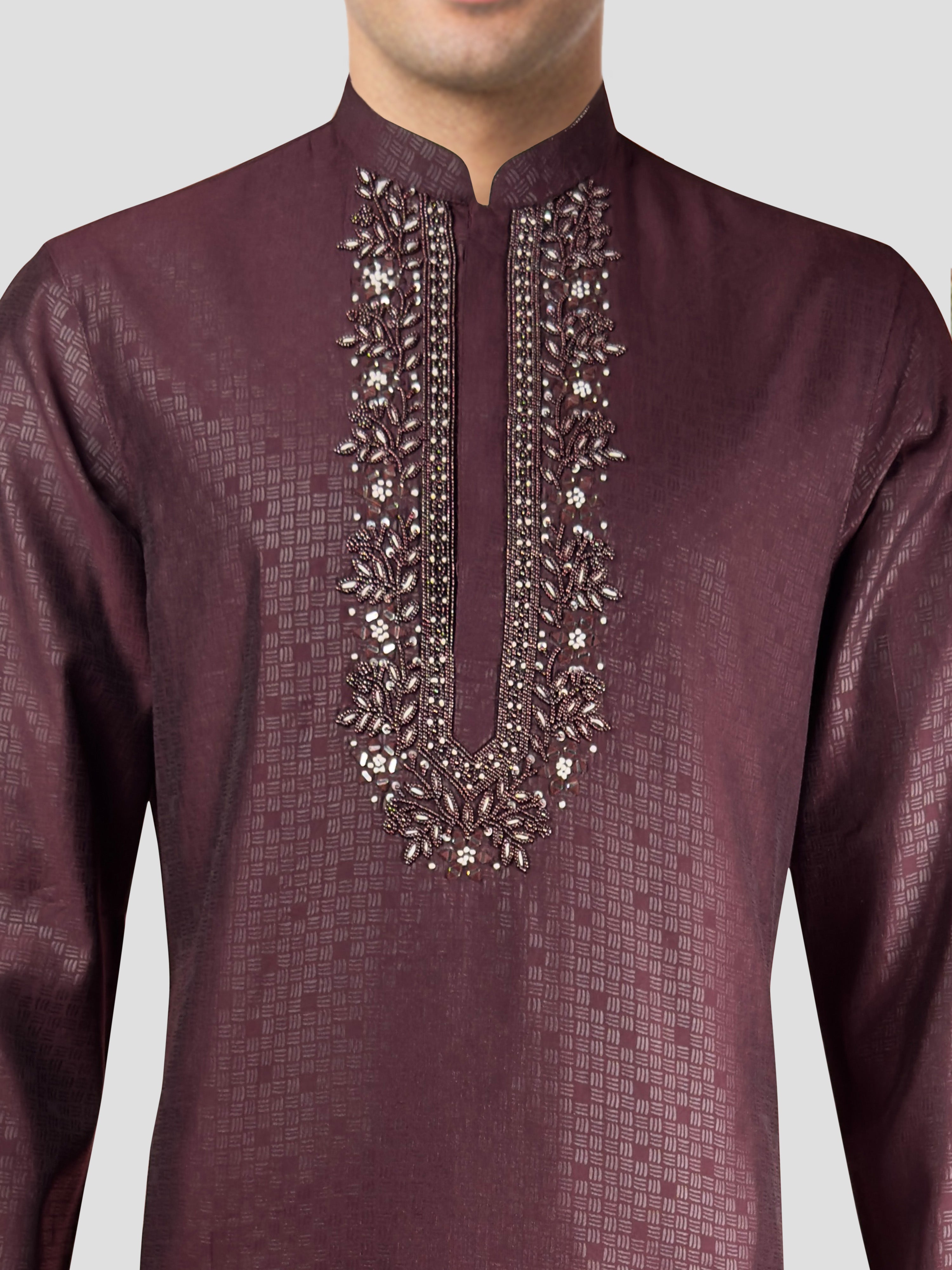 Men's Wine Emboss Silk Kurta