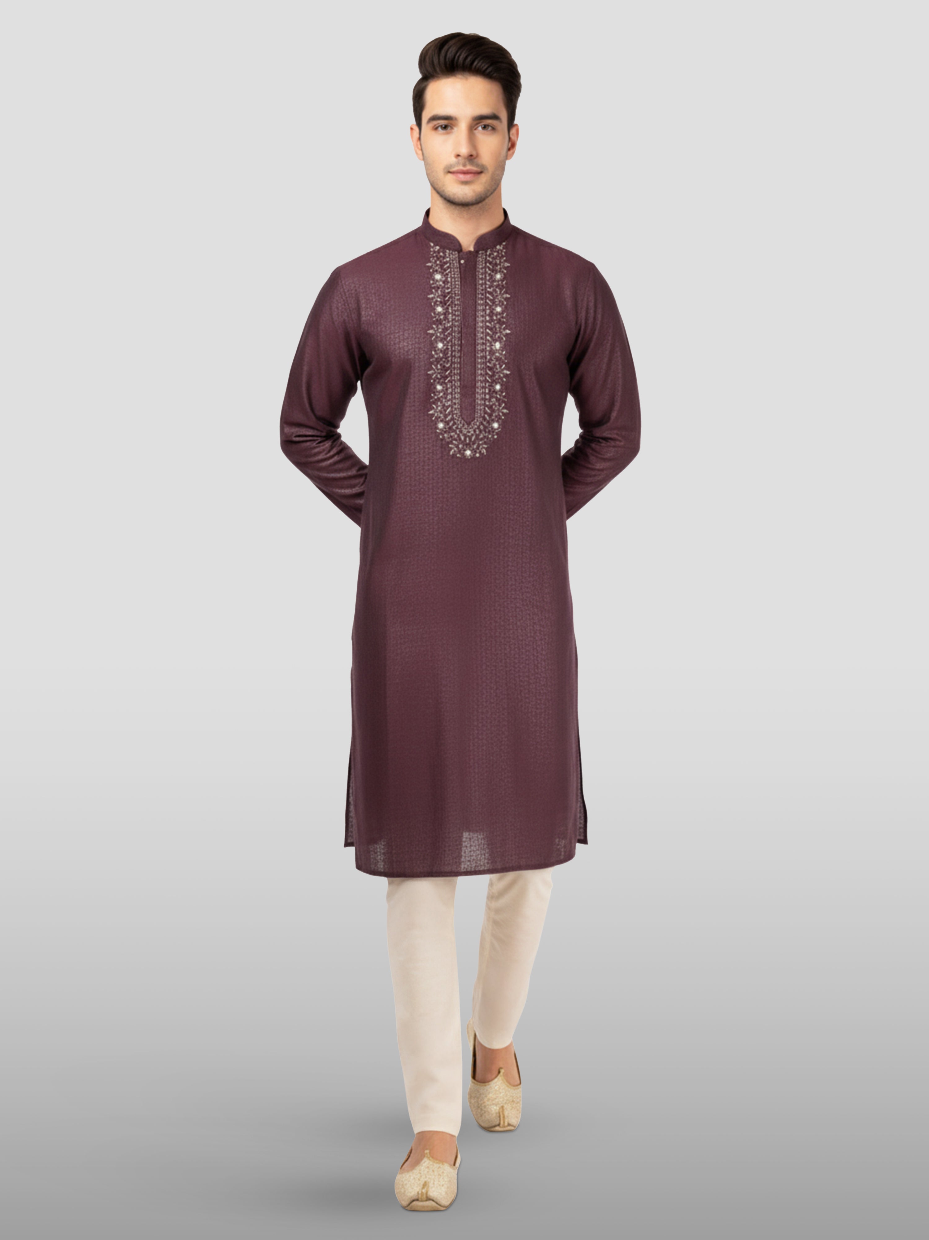 Men's Wine Embroidered Kurta with Cream Pyjama