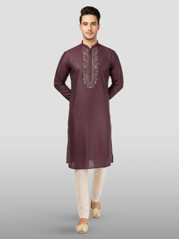 Men's Wine Embroidered Kurta with Cream Pyjama