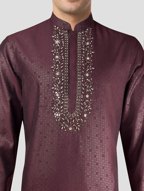 Men's Wine Embroidered Kurta with Cream Pyjama