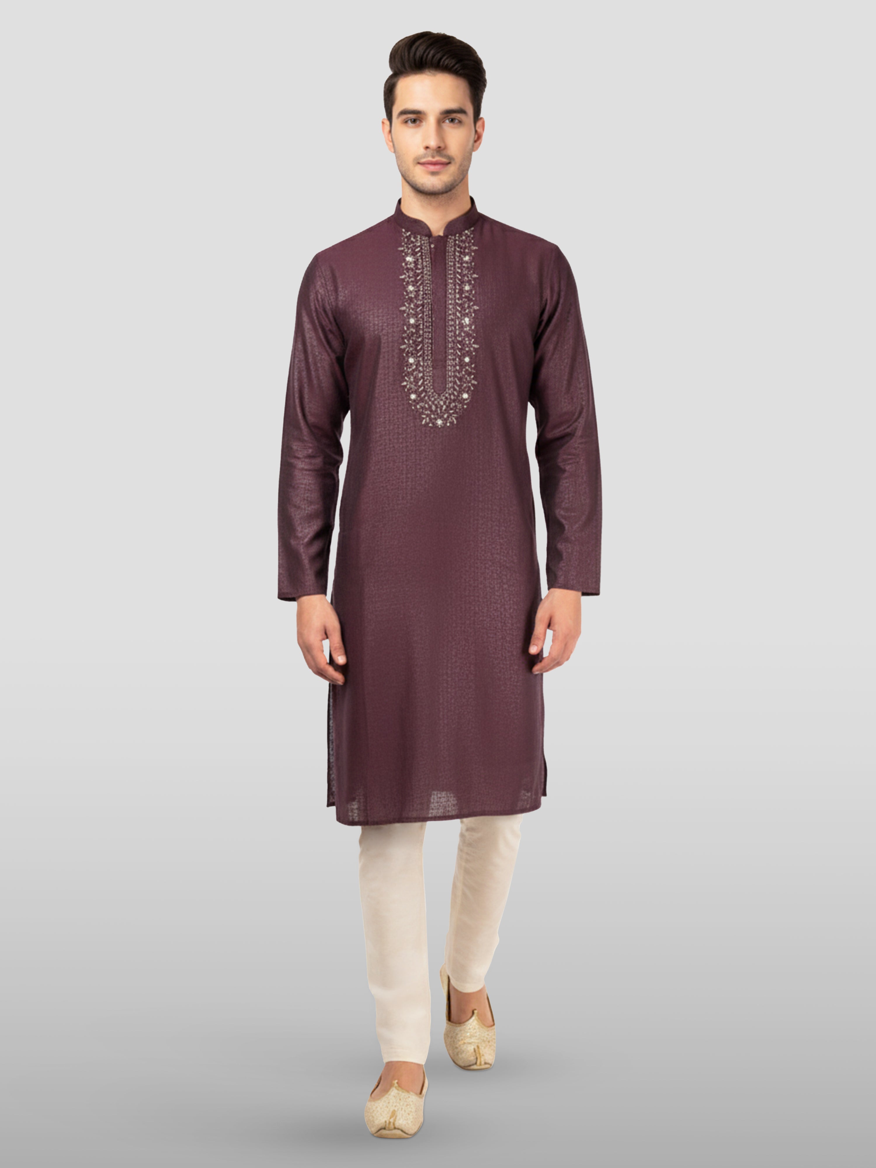 Men's Wine Embroidered Kurta with Cream Pyjama