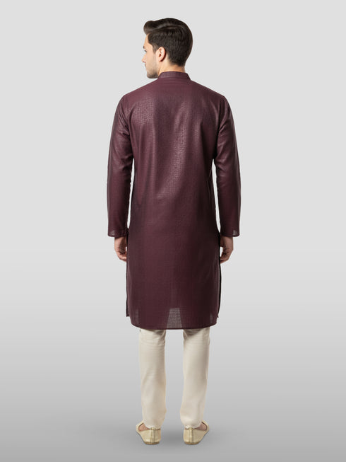 Men's Wine Embroidered Kurta with Cream Pyjama