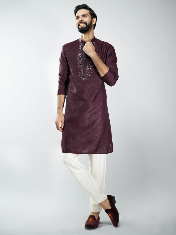 Men Wine Silk Blend Embroidered Kurta with Cream Pyjama