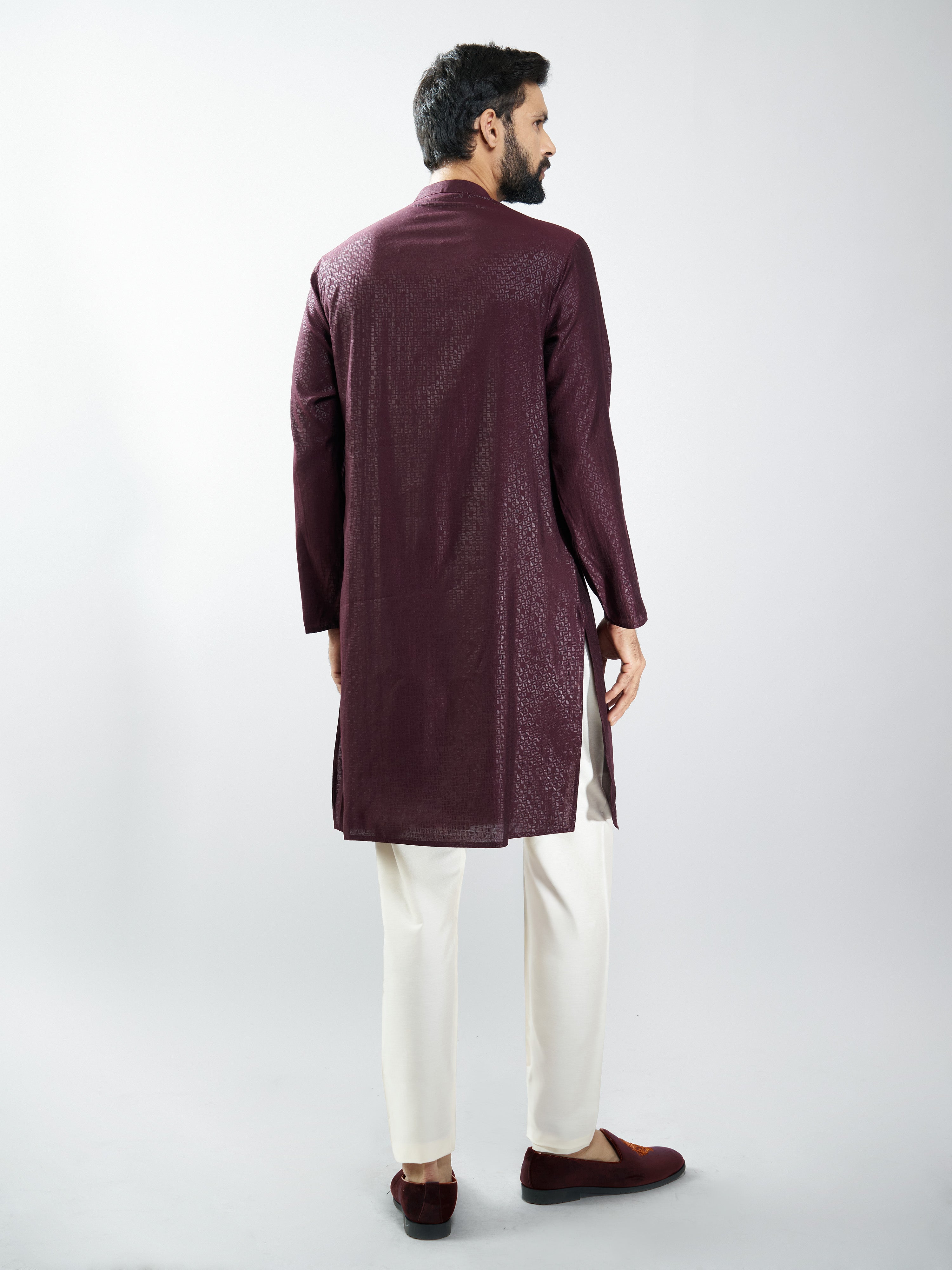 Men Wine Silk Blend Embroidered Kurta with Cream Pyjama