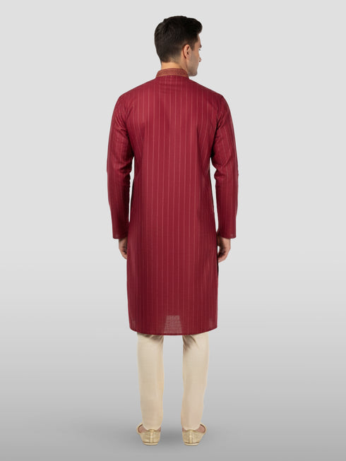 Men's Maroon Embroidered Kurta with Cream Pyjama