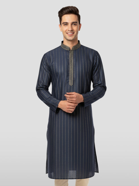 Vastramay Men's Navy Blue Cotton Kurta