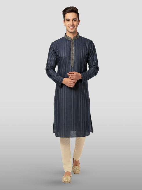 Men's Navy Blue Embroidered Kurta with Cream Pyjama