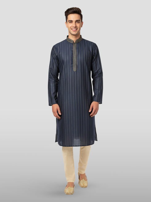 Men's Navy Blue Embroidered Kurta with Cream Pyjama