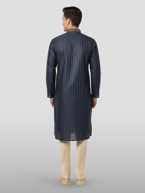 Men's Navy Blue Embroidered Kurta with Cream Pyjama