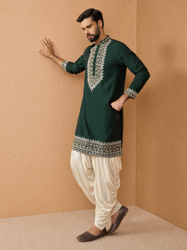 Men Dark Green Chanderi Kurta with Dhoti Festive Ethnic Wear