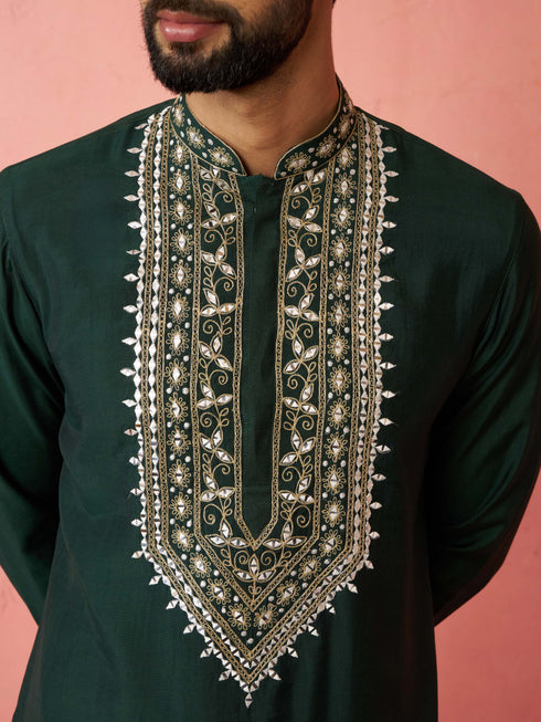 Men's Bottle Green Chanderi Kurta Set with Cream Pyjama