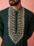 Men's Bottle Green Chanderi Kurta Set with Cream Pyjama