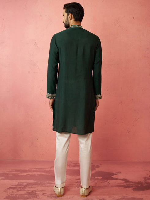 Men's Bottle Green Chanderi Kurta Set with Cream Pyjama