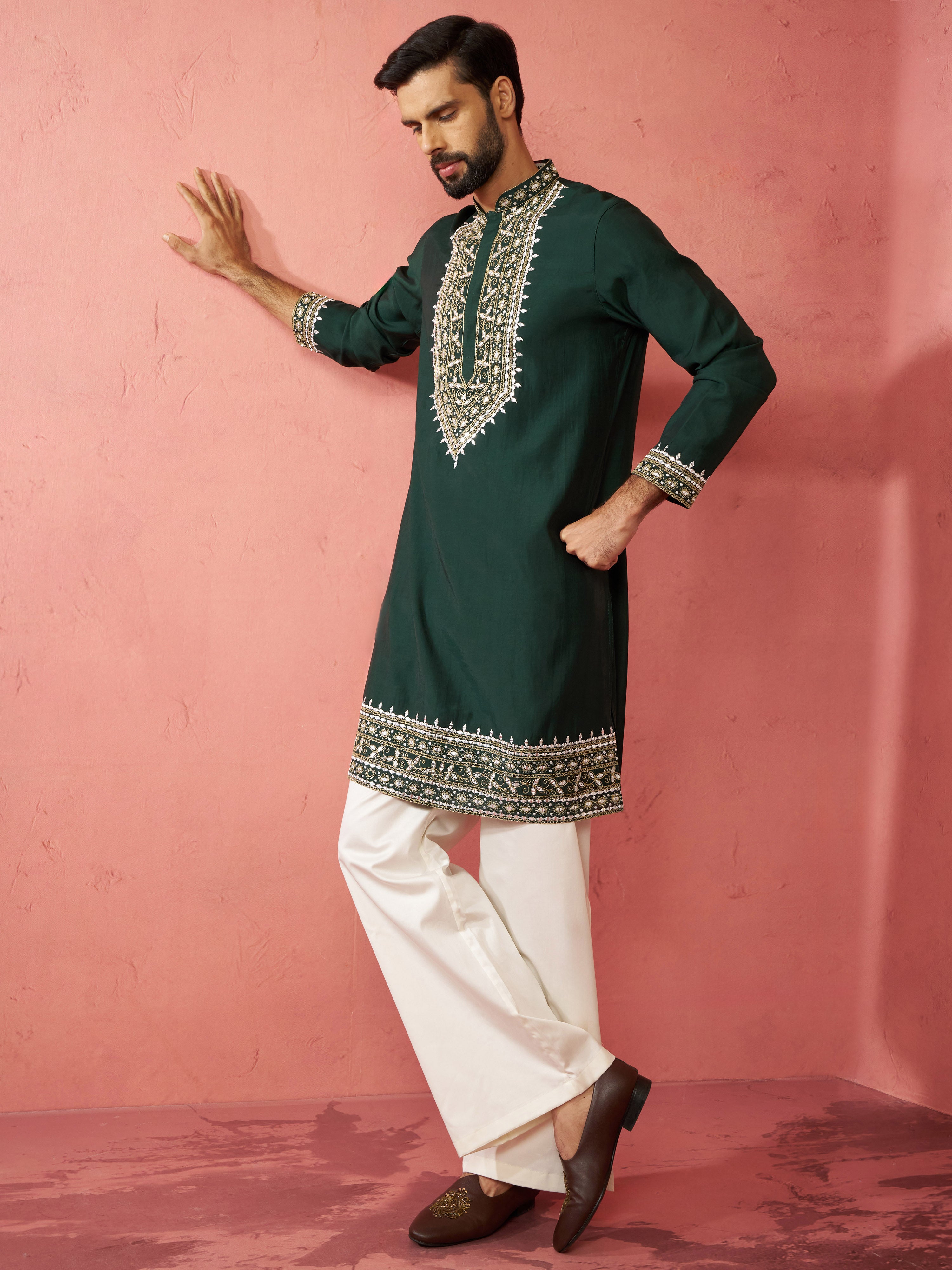 Men's Bottle Green Chanderi Kurta Set with Cream Pant